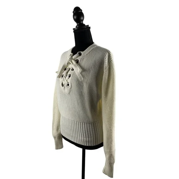 Olivia Warren Lace-Up Cream Knit Sweater With Oversized Eyelets & Ties Large - Picture 3 of 11